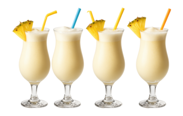 Four pina colada cocktails in curved glasses with pineapple garnishes and colorful straws on transparent background.