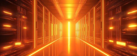 Server racks in computer network security server room datacenter. Modern interior server room data center. A bright orange light at the end of the hallway. 3d rendering