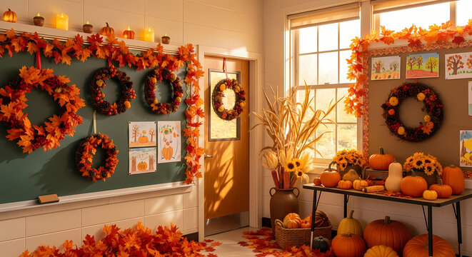 Festive elementary classroom beautifully decorated with autumn wreaths, pumpkins, and colorful fall foliage for the harvest season. - Powered by Adobe
