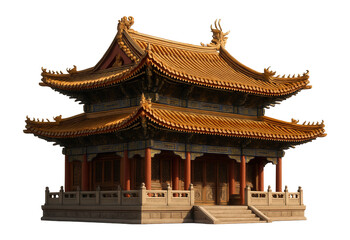 Obraz premium Traditional Asian temple with intricate wooden carvings and tiered golden roof showcasing classic architectural details on transparent background.