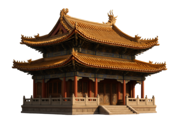 Traditional Asian temple with intricate wooden carvings and tiered golden roof showcasing classic architectural details on transparent background.