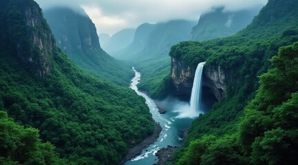 Majestic waterfall cascading through lush green mountain valley