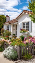 Fototapeta premium cottagecore full view single story white cottage, tile roof, flower boxes on windows, rustic fence, colorful garden in bloom
