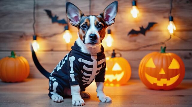 Jack Russell Terrier in skeleton costume with pumpkins