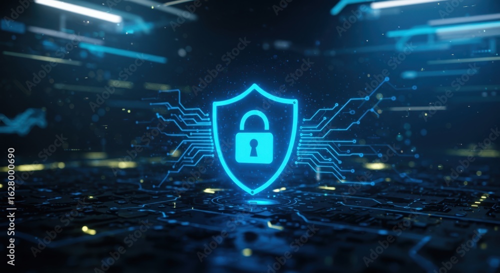 Poster glowing blue digital shield with padlock symbol represents advanced cyber protection and secure data