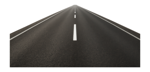 Straight asphalt highway road with white lane markings extending into distance on transparent background.