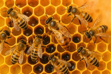 Honeybees work diligently, creating golden honeycomb, their tiny bodies reflecting sunlight in this buzzworthy ecosystem of nature's sweet creation.