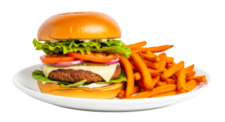 juicy vegetarian burger with crispy sweet potato fries on plate