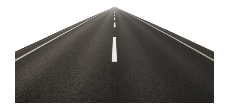 Straight asphalt highway road with white lane markings extending into distance on transparent background. - Powered by Adobe