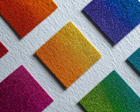 Quadrati di carta colorati a forma di arcobaleno su sfondo bianco