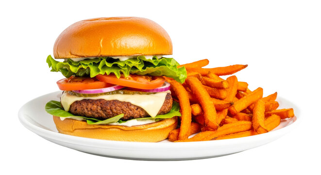 juicy vegetarian burger with crispy sweet potato fries on plate