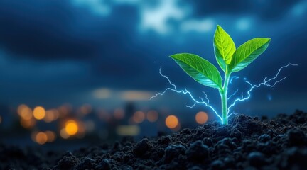 Green sprout glowing with blue energy and lightning in dark soil