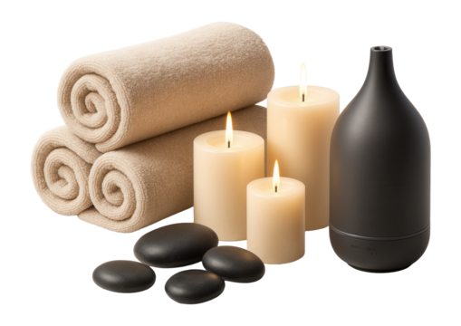 Spa setup with rolled towels, lit candles, smooth black stones, and a diffuser, creating a relaxing atmosphere on transparent background.