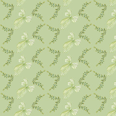 Delicate green print of watercolor striped bows and green branches. 