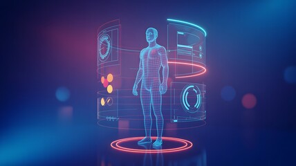 Futuristic holographic human body scan with data displays