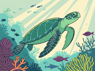 Majestic Sea Turtle Swimming in Coral Reef – Underwater Wildlife Marine Life