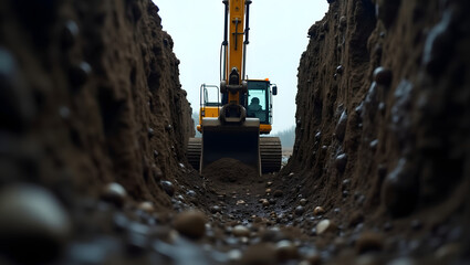 Close-up view from inside a deep trench looking at an excavator bucket covered in wet soil, heavy construction equipment in action, industrial digging scene, realistic dirt textures.