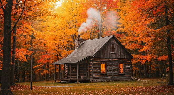 Cozy log cabin nestled in a vibrant autumn forest with chimney smoke rising