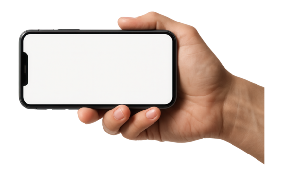 Hand holding a smartphone horizontally with a blank white screen on transparent background.