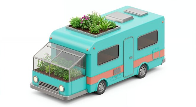 Teal camper van with rooftop garden