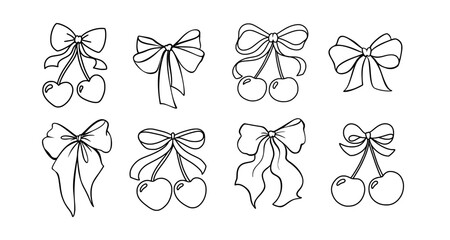 Cherry Bow Coquette Ribbon Vector Icons with Cute Heart Shapes and Girly Pink Drawing. Romantic Cherry Symbol