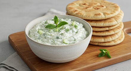 Creamy tzatziki sauce in a bowl served with pita bread on wood board