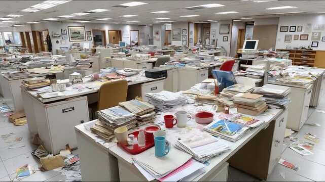 Messy office chaos: A cluttered office space with desks overflowing with documents, papers, and various items, illustrating a scene of disorganization and hectic activity.