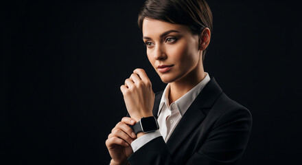 Confident businesswoman adjusts her smartwatch in a sophisticated studio setting, showcasing style and technological integration.