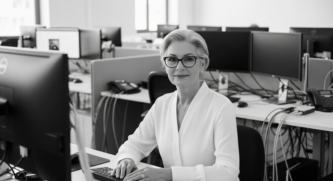 Confident businessman touching interactive display for data analysis and future projections in modern gray workspace