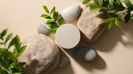 Top-down view of a cosmetic jar surrounded by river rocks and greenery on beige surface