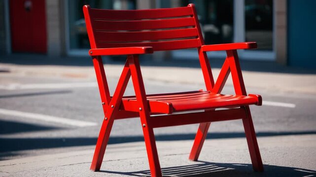 A bright red chair sits on the side of the street, perfect for impromptu seating or urban decor