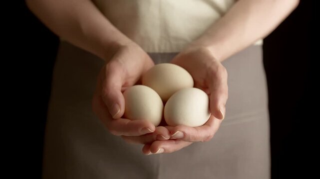 Raw and fresh chicken eggs in the hands of a farmer.
