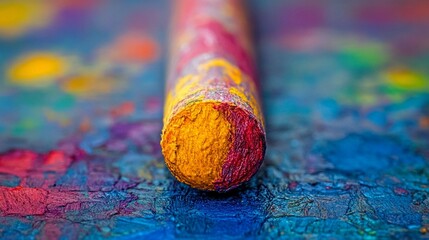 Close-up of a colorful crayon on a vibrant paint palette
