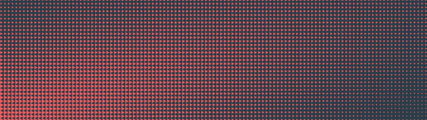 Triangles grid halftone pattern tilted elliptical gradient ultra wide 32:9 aspect ratio red black vector abstract background. Half tone graphic panoramic ultrawide format retro styled 80s abstraction