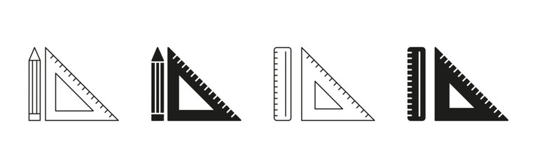 Pencil And Triangle Ruler Line And Solid Icon Set. Precision Drawing, Geometry, And Measurement Tool Symbol Collection. Educational And Architectural Design Elements. Isolated Vector Illustration