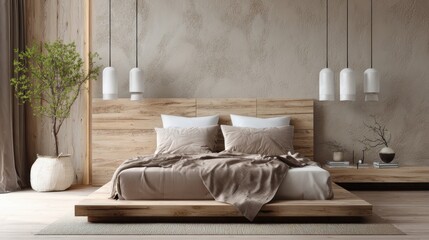 organic modern bedroom, platform bed on wood podium, mocha linen blanket, textured clay wall, low pendant lamps, soft matte textures