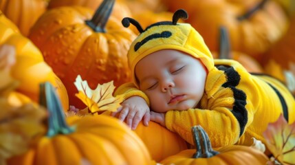 little child in autumnal costume sleeping between halloween pumpkins