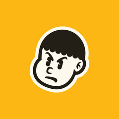 Cartoon boy face with confused and irritated expression in bold minimal line art style. Perfect for stickers, emojis, retro branding, and playful vector character design