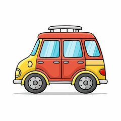 Obraz premium Cartoon illustration of a classic mini van with luggage rack on top for vacation travel