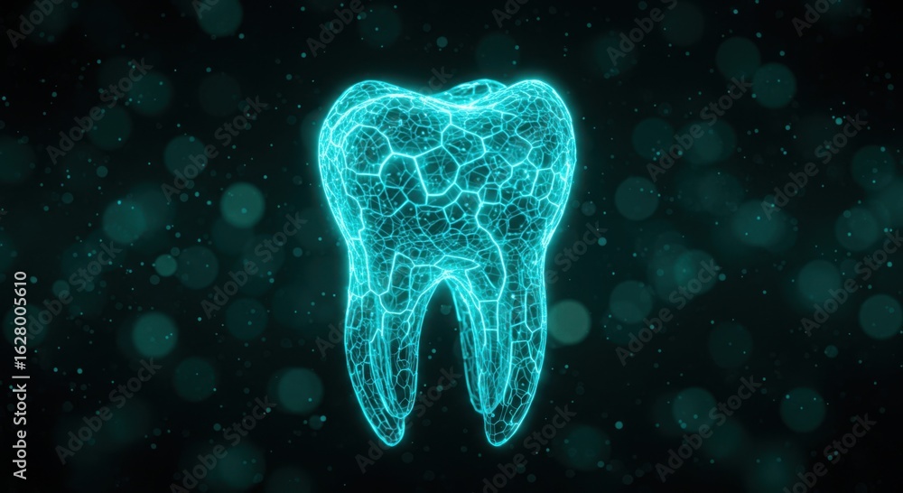 Poster luminous blue digital wireframe tooth structure illuminated against a dark bokeh background with glo