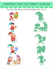Fototapeta premium Find correct shadow. Educational puzzle game for children. Christmas vector illustrations on white background. Find same ones. Draw line, connect pictures.