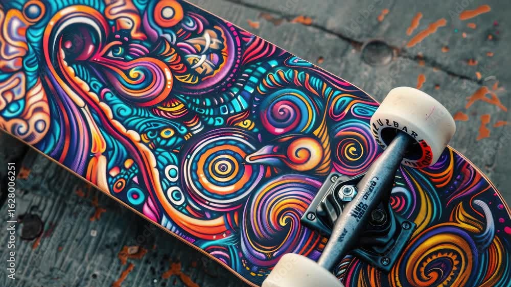 Aufkleber a skateboard with vibrant graphics and patterns, suitable for use in creative projects about action 