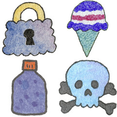 a drawing of a skull and ice cream and and a bottle