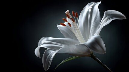 Elegant white lily flower in full bloom against a dark dramatic background