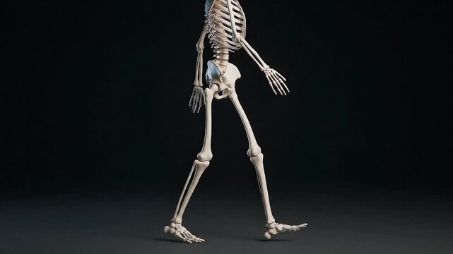 A 3D illustration of the human skeletal system in a walking motion. Anatomical concept of human body biomechanics and the study of gait.