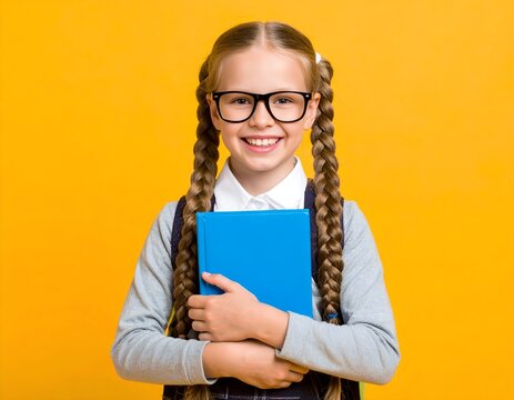 Schoolgirl Holding Blue Book with Braided Hair &ndash; Bright Backdrop for Educational Focus  