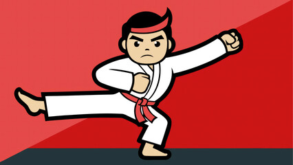 A cartoon figure dressed in a karate uniform executes a high kick, showcasing martial arts skills in a colorful dojo setting during a training session