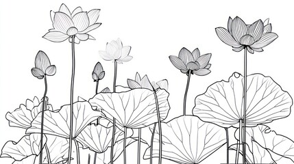 Obraz premium Black and white line art of lotus flowers and leaves against a plain white background