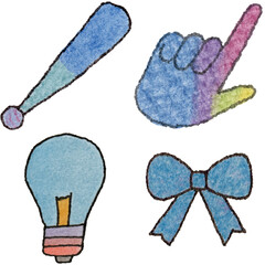 a drawing of a variety of items that include a baseball bat and glove and glove and light bulb and and a pencil