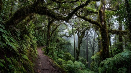 Enchanting journey through a lush green forest with sunlight filtering through trees